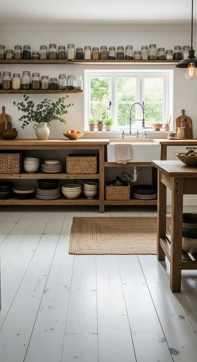 Rustic kitchen with whitewashed pine floors and reclaimed wood open shelving