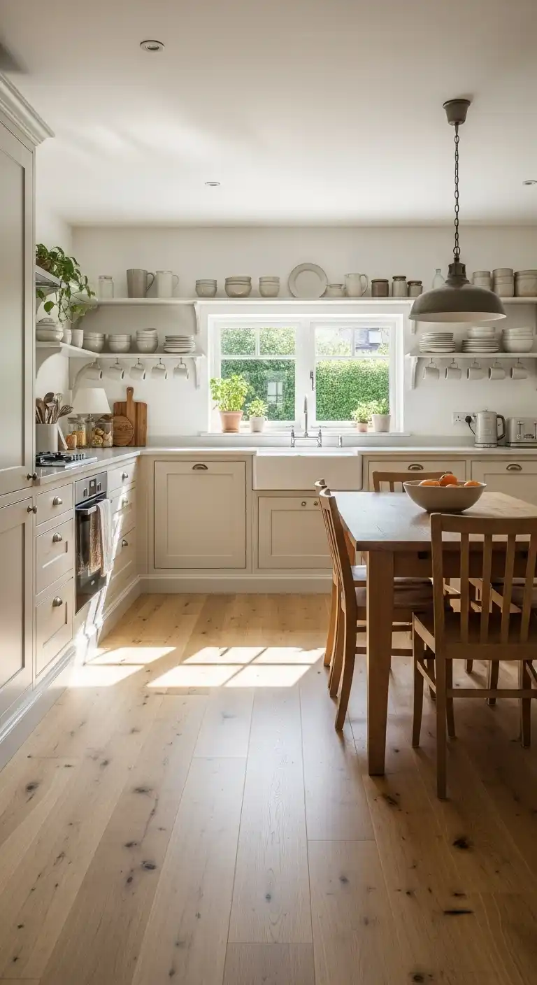 Scandinavian-inspired kitchen with light oak hardwood floor