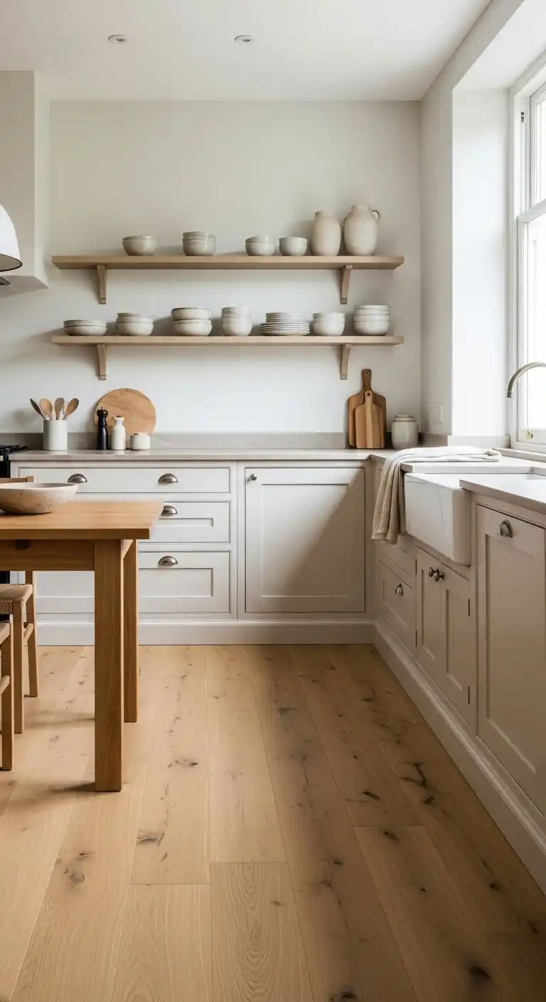 Scandinavian-inspired kitchen with light oak hardwood floors