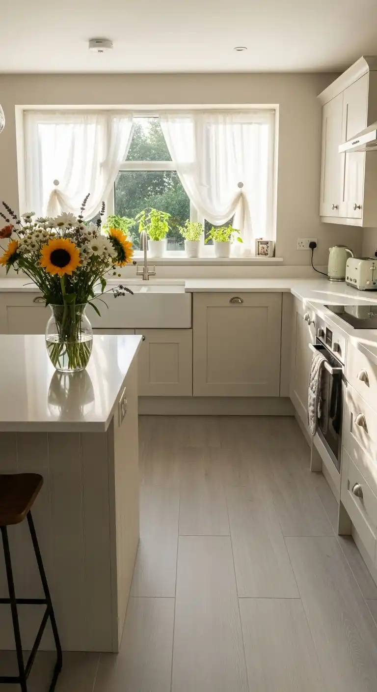 Summer-Inspired Kitchen with Pale Gray Flooring