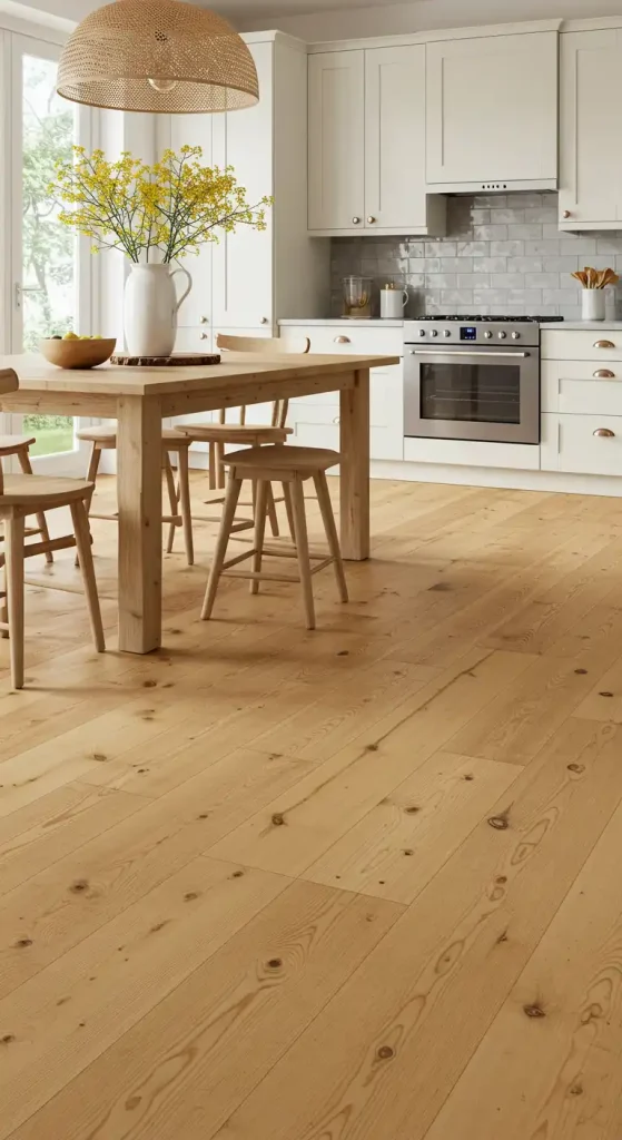 21 Earthy Kitchen Flooring Ideas for a Warm and Natural Look 16 Wide-Plank Pine Flooring