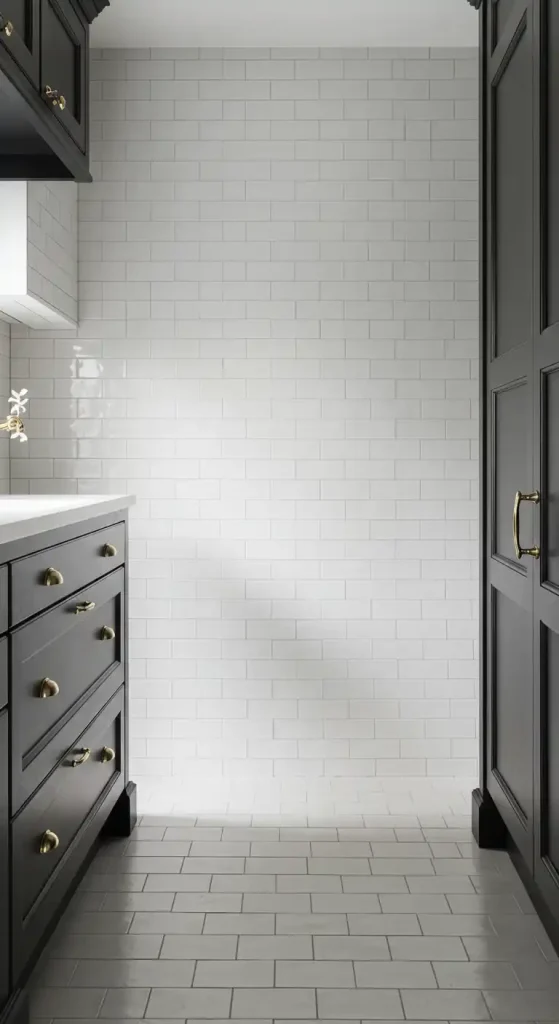 10 Timeless Kitchen Ceramic Tile Flooring Ideas for a Classic Look 3 kitchen floor with White Subway Tiles with Dark Grout (1)