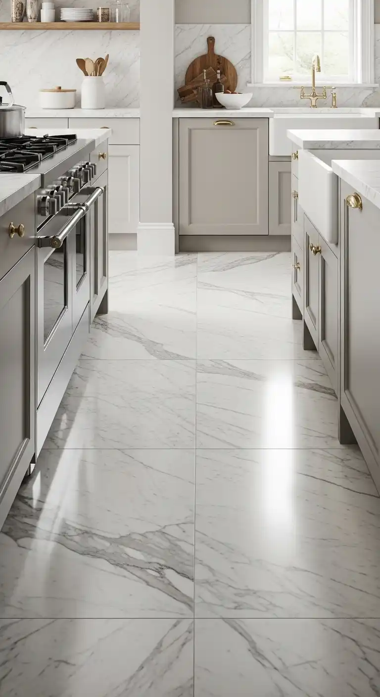 18 Elegant Kitchen Flooring Ideas for a Timeless and Luxurious Space 2 1 Classic Marble Flooring