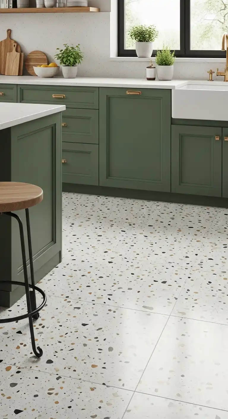 21 White Gloss Kitchen Flooring Ideas for a Bright and Modern Space 11 10. White Gloss Terrazzo for Playful Elegance