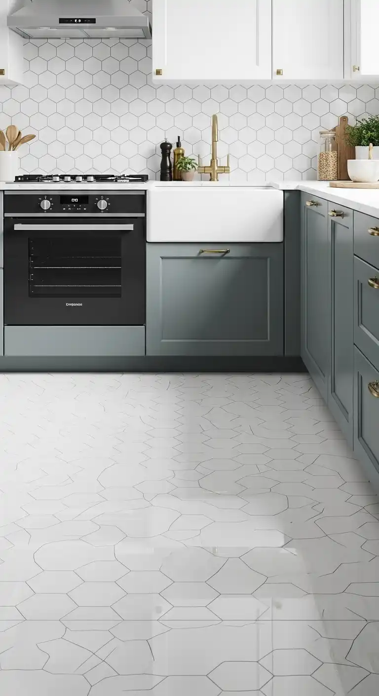 21 White Gloss Kitchen Flooring Ideas for a Bright and Modern Space 12 11. Glossy White Hexagon Tiles for Geometric Flair