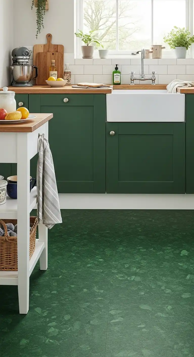 18 Dark Green Kitchen Flooring Ideas for a Bold and Earthy Vibe 13 12. Forest Green Linoleum