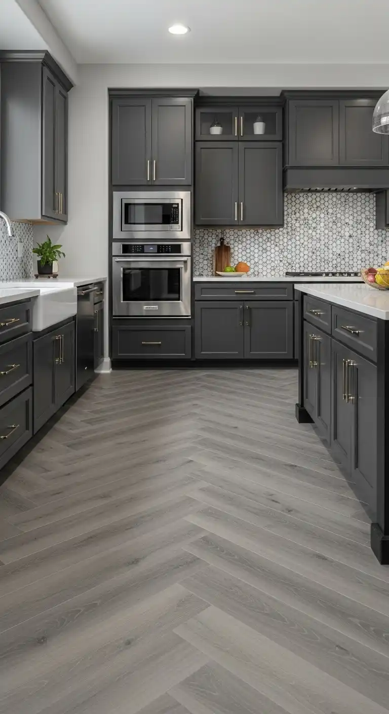 22 Stylish Grey Kitchen Flooring Ideas for a Sophisticated Look 13 12. Grey Chevron Wood Flooring