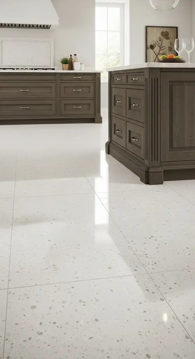 21 White Gloss Kitchen Flooring Ideas for a Bright and Modern Space 14 13. Polished White Granite for Timeless Durability