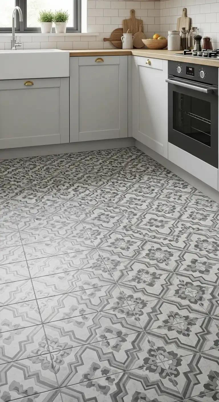 22 Stylish Grey Kitchen Flooring Ideas for a Sophisticated Look 15 14. Grey Patterned Encaustic Tiles