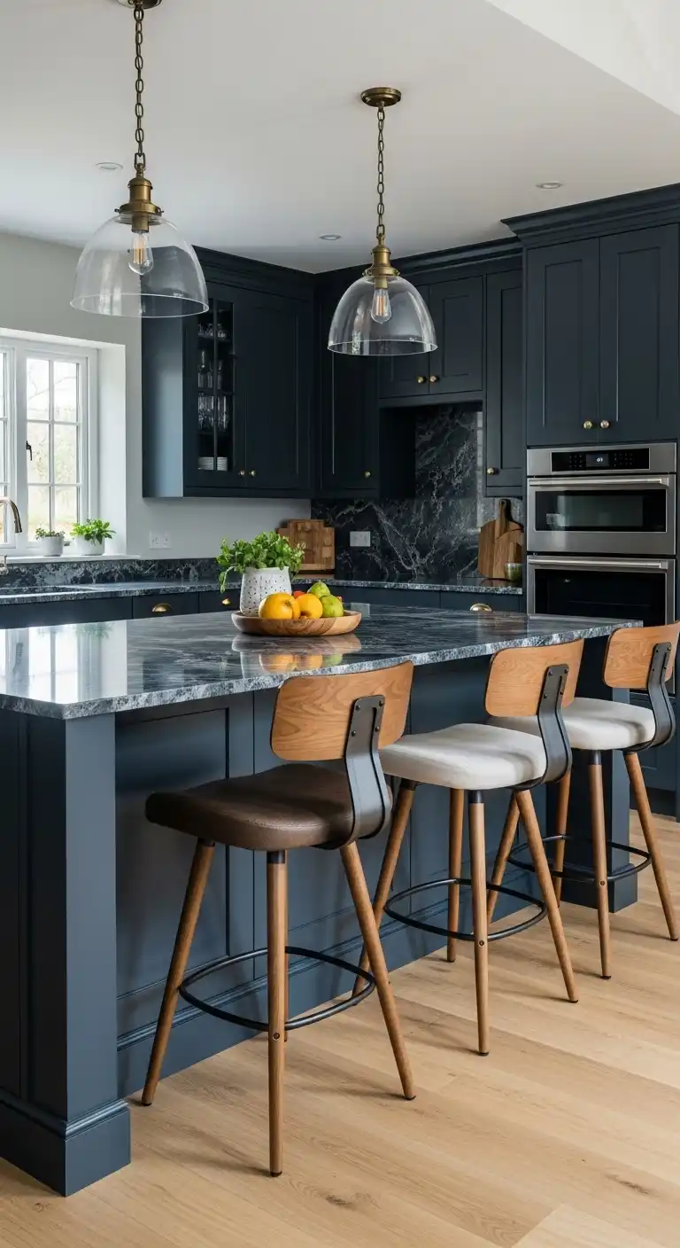 Timeless and Trendy: 25 Kitchen Cabinet Color Ideas Dark Blue 15 14. Incorporating Seating