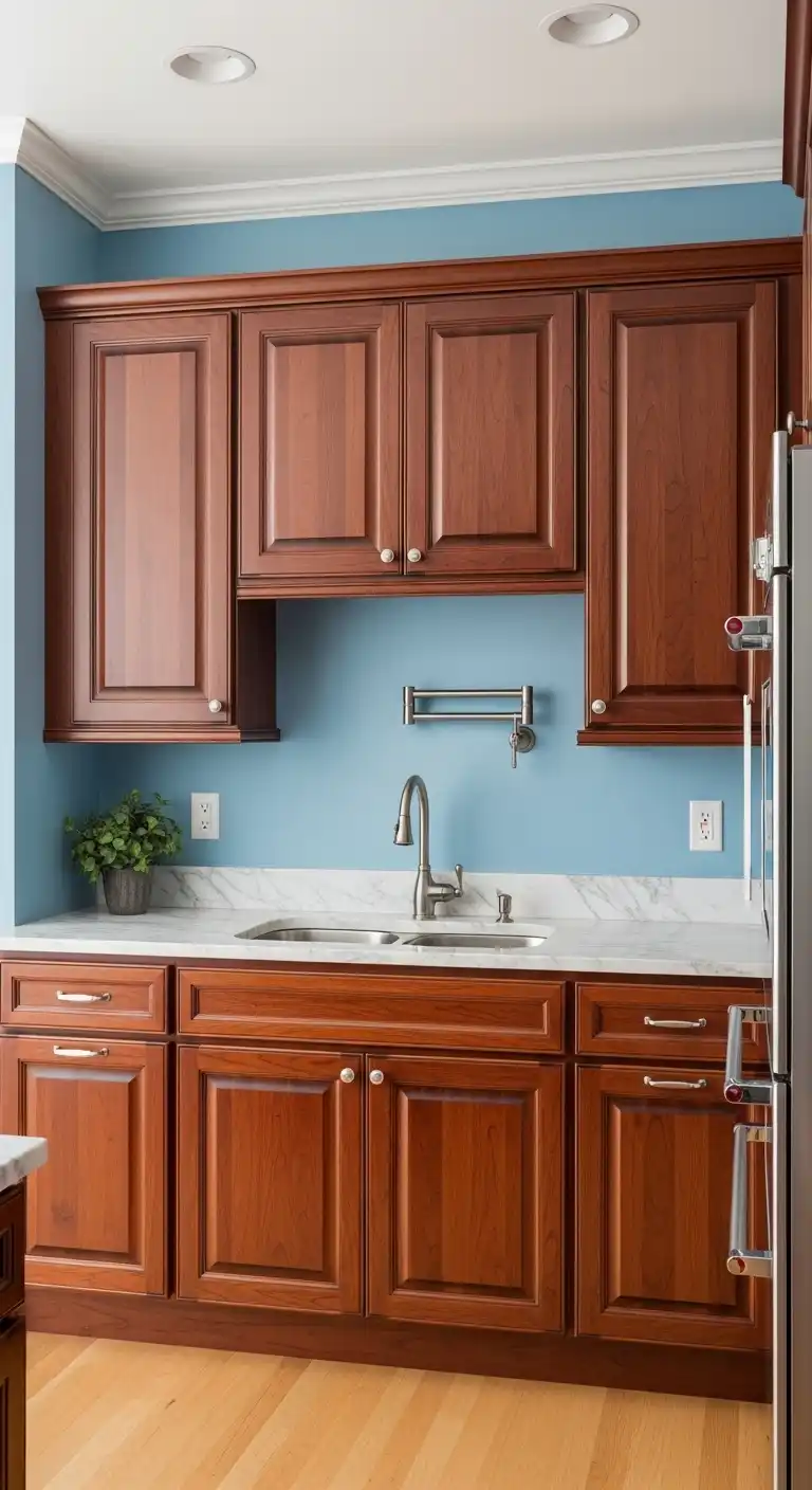 Kitchen Cabinet Color Ideas with Blue Walls: 21 Fresh Picks 16 15. Cherry Wood Cabinets