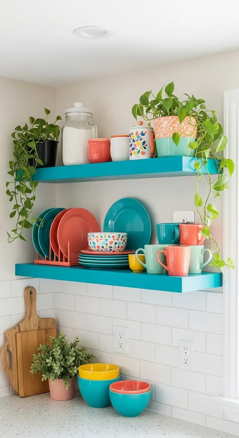 From Dull to Delightful: 19 Easy Ways to Add Color to Kitchen 17 16. Add Colorful Shelving