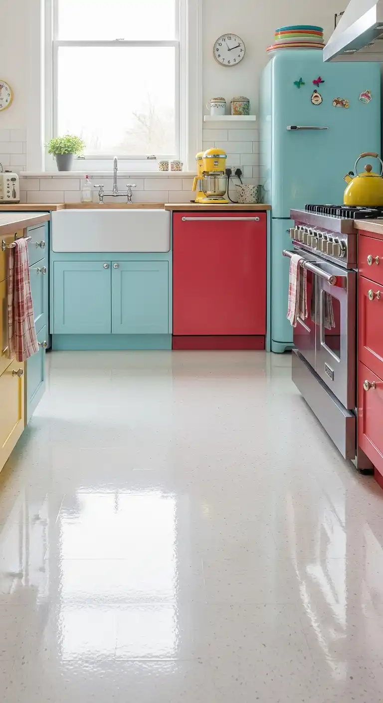 21 White Gloss Kitchen Flooring Ideas for a Bright and Modern Space 17 16. White Gloss Linoleum for Retro Charm