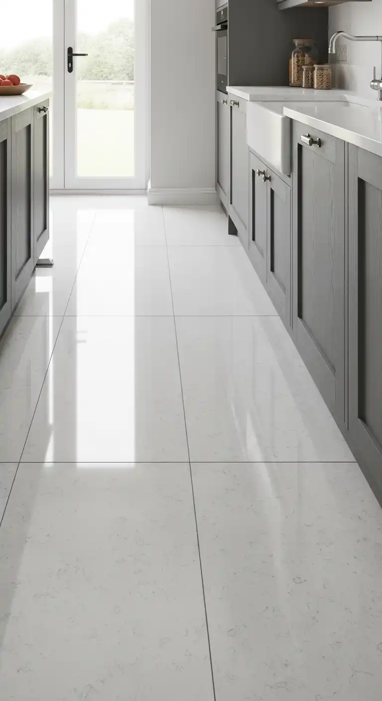 21 White Gloss Kitchen Flooring Ideas for a Bright and Modern Space 18 17. White Gloss Quartz for Subtle Sparkle
