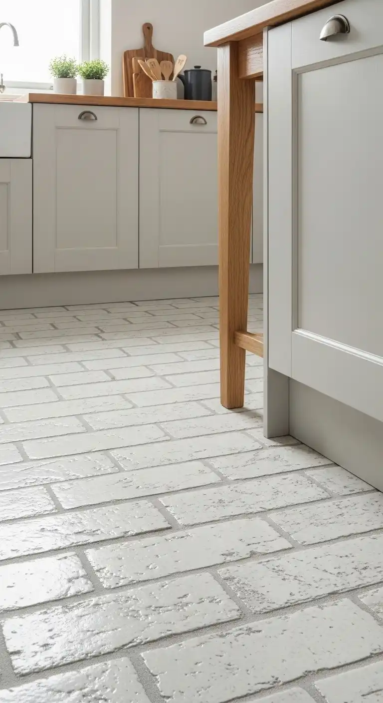 21 White Gloss Kitchen Flooring Ideas for a Bright and Modern Space 19 18. White Gloss Brick for Rustic Shine