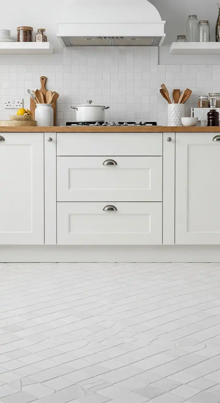 21 White Gloss Kitchen Flooring Ideas for a Bright and Modern Space 20 19. White Gloss Mosaic Tiles for Artistic Flair