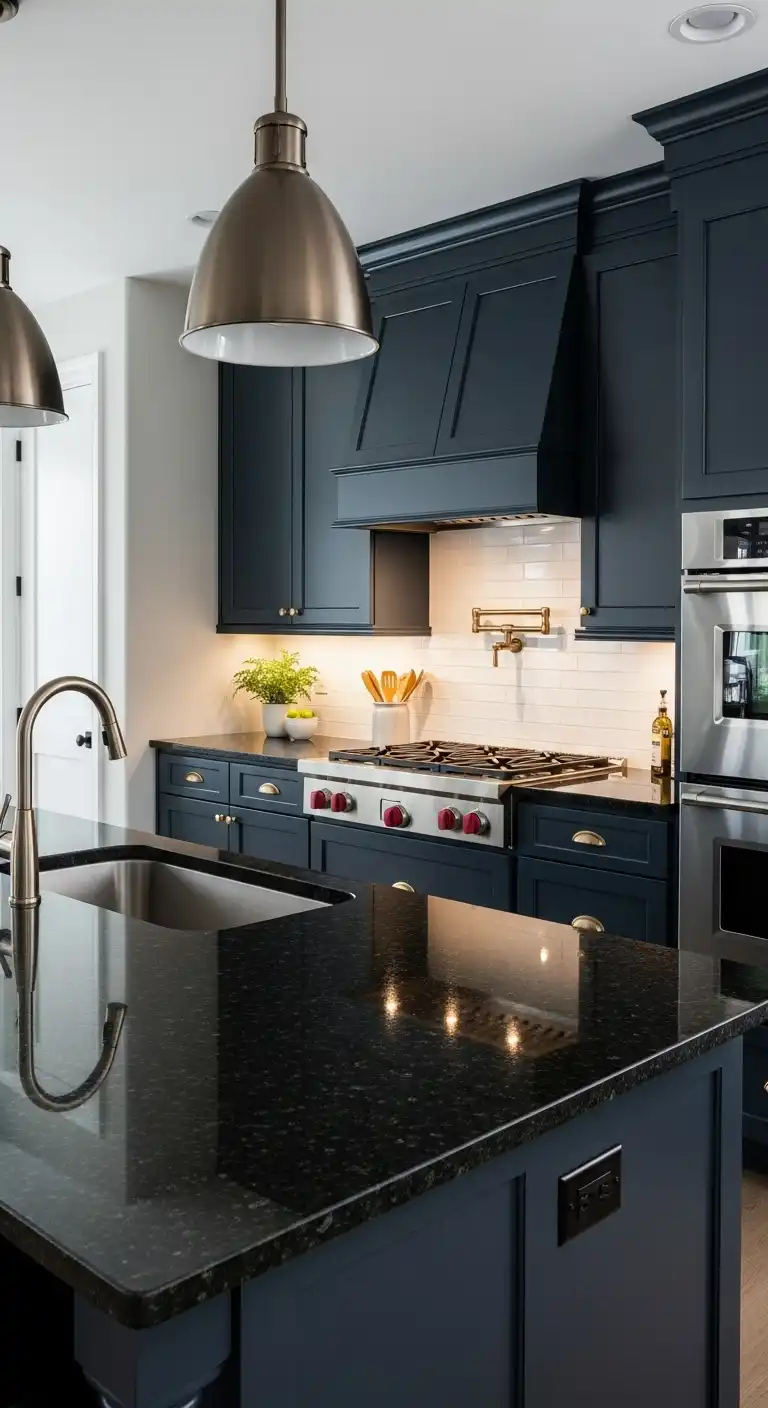Timeless and Trendy: 25 Kitchen Cabinet Color Ideas Dark Blue 3 2. Black Granite Countertops
