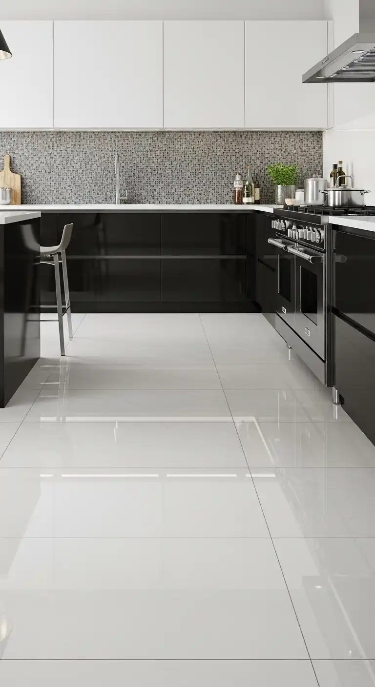 21 White Gloss Kitchen Flooring Ideas for a Bright and Modern Space 3 2. High Gloss Porcelain for Sleek Sophistication