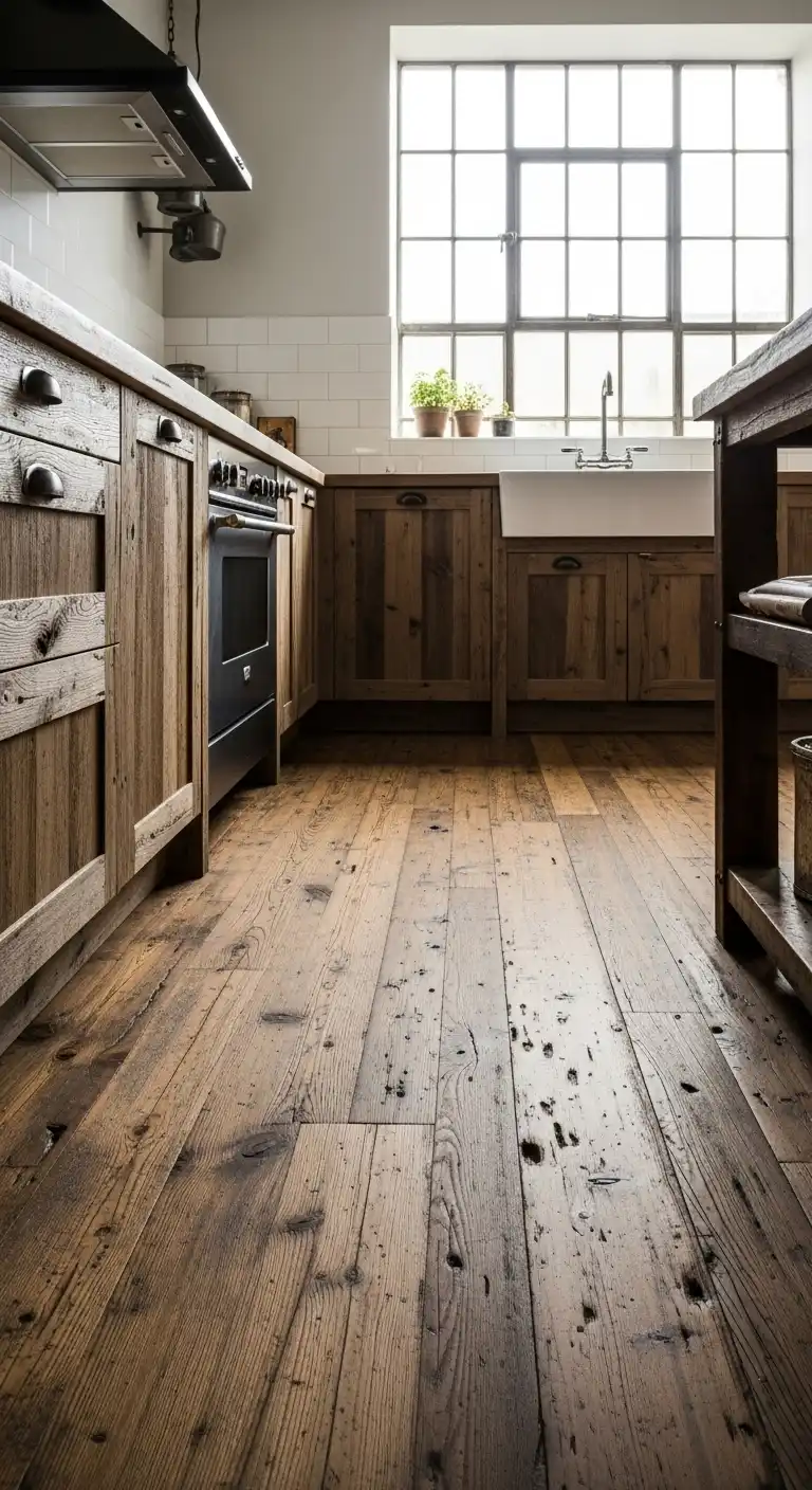 18 Industrial Kitchen Flooring Ideas for a Chic and Raw Aesthetic 3 2. Reclaimed Wood Flooring