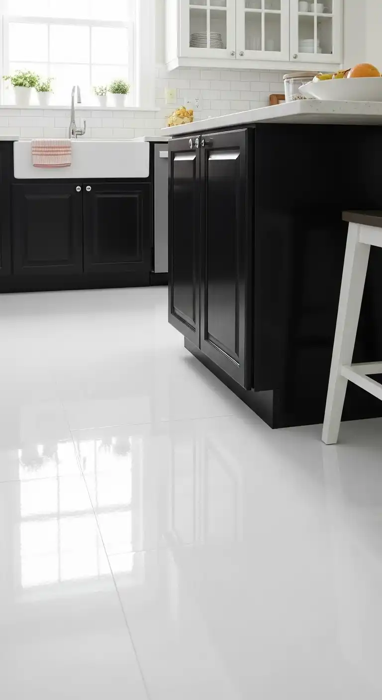 21 White Gloss Kitchen Flooring Ideas for a Bright and Modern Space 21 20. White Gloss Rubber for Practical Shine