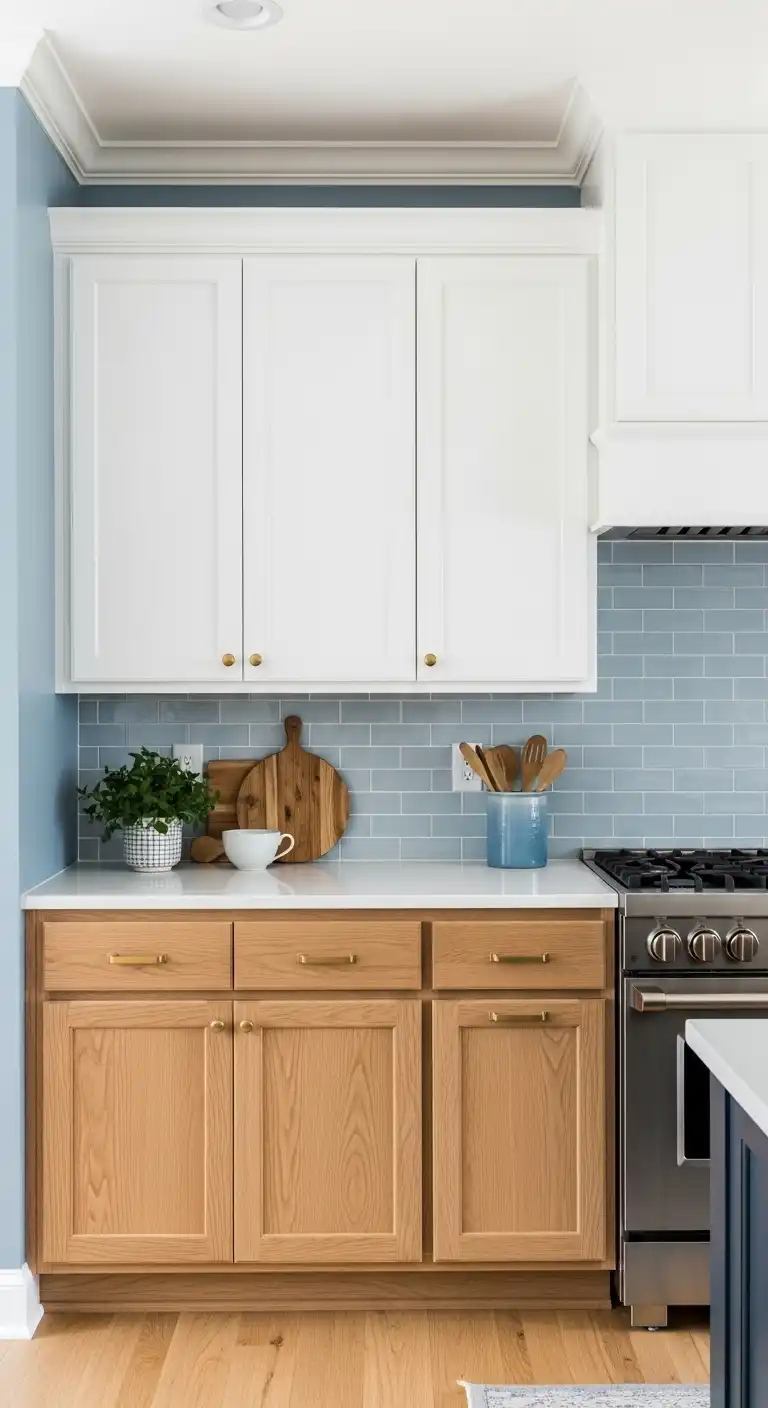 Kitchen Cabinet Color Ideas with Blue Walls: 21 Fresh Picks 22 21. Two Tone White and Wood Cabinets