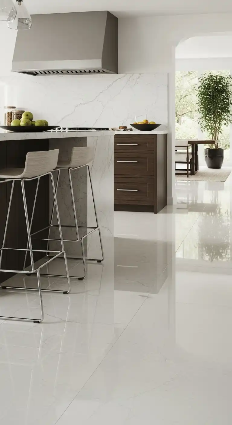 21 White Gloss Kitchen Flooring Ideas for a Bright and Modern Space 22 21. White Gloss Polished Stone for Natural Elegance