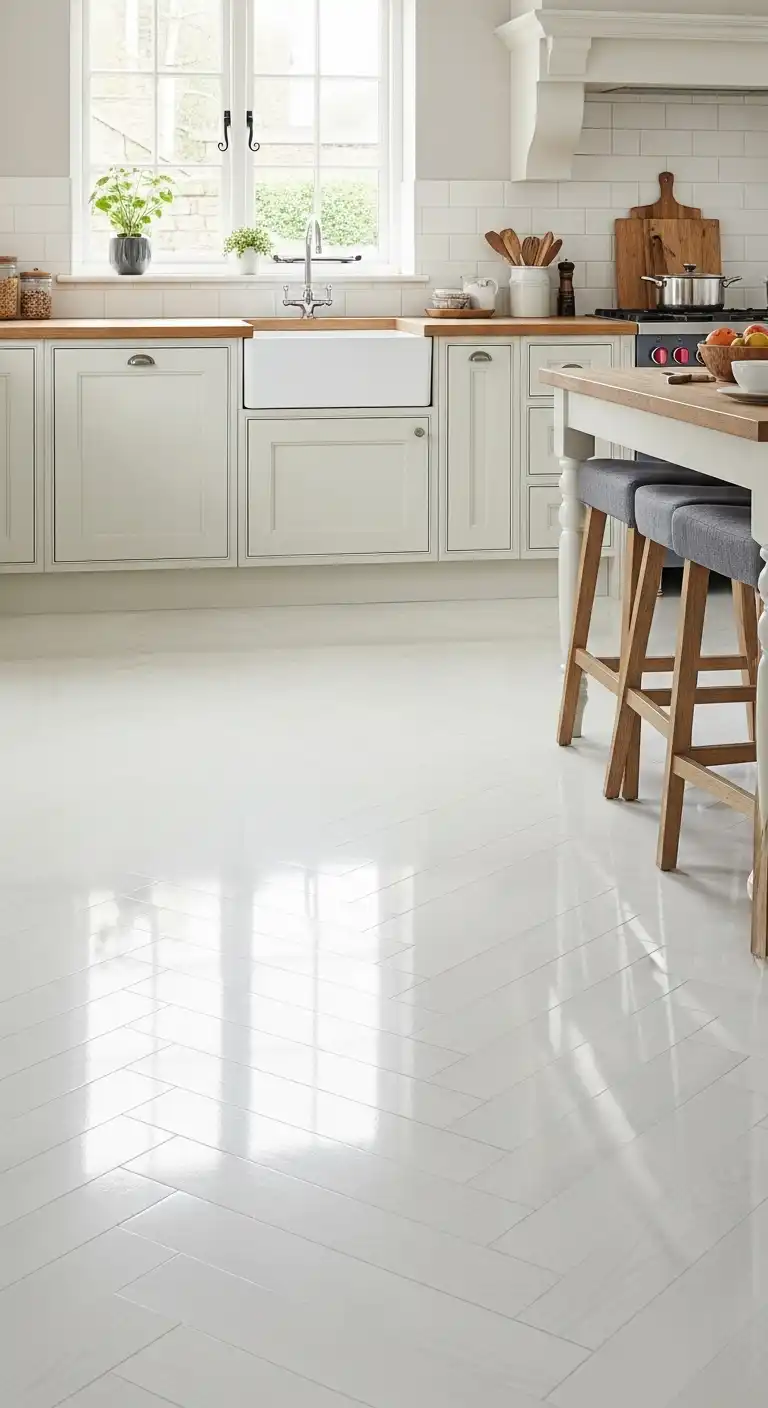 21 White Gloss Kitchen Flooring Ideas for a Bright and Modern Space 4 3. Glossy White Vinyl for Budget Friendly Shine