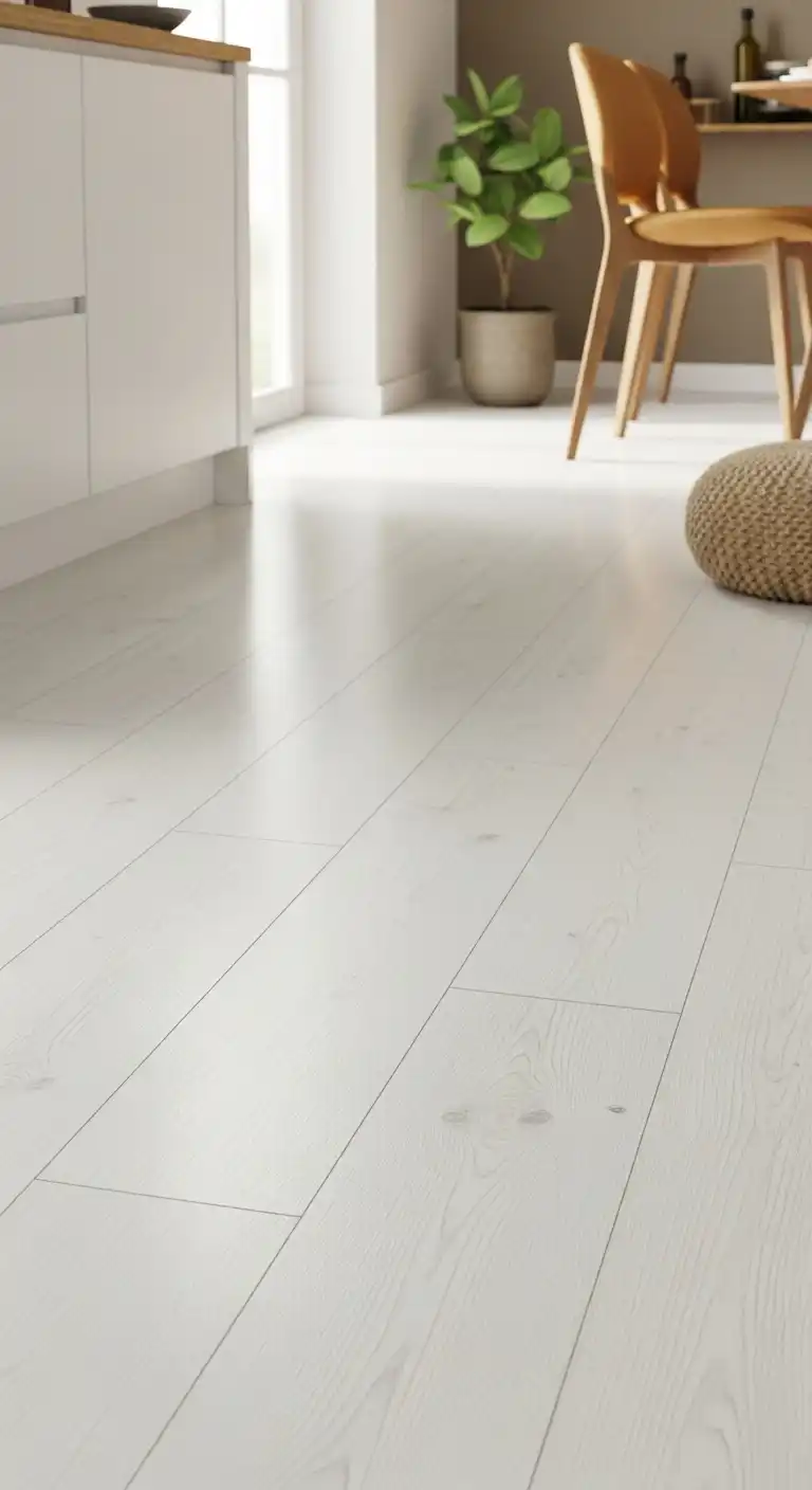 21 White Gloss Kitchen Flooring Ideas for a Bright and Modern Space 5 4. White Gloss Laminate for Warmth and Shine