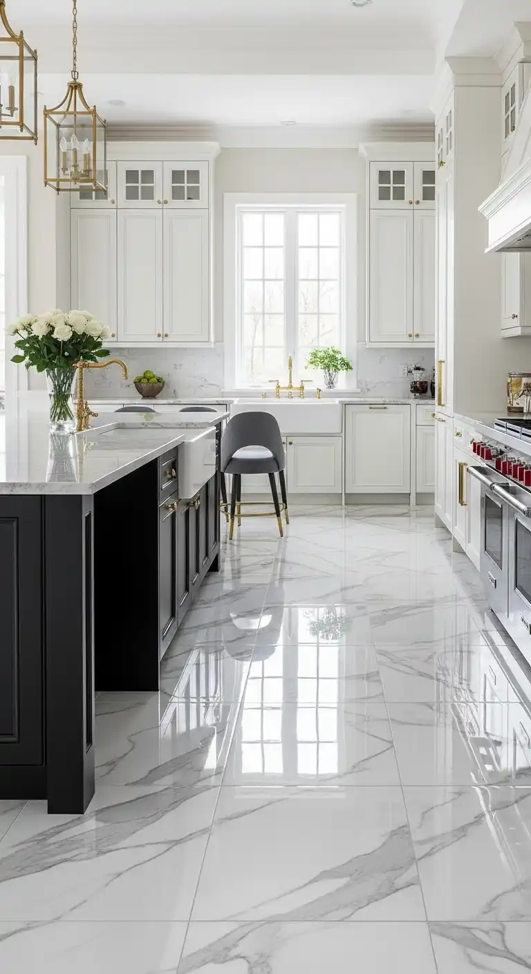21 White Gloss Kitchen Flooring Ideas for a Bright and Modern Space 6 5. Polished White Marble for Luxe Appeal