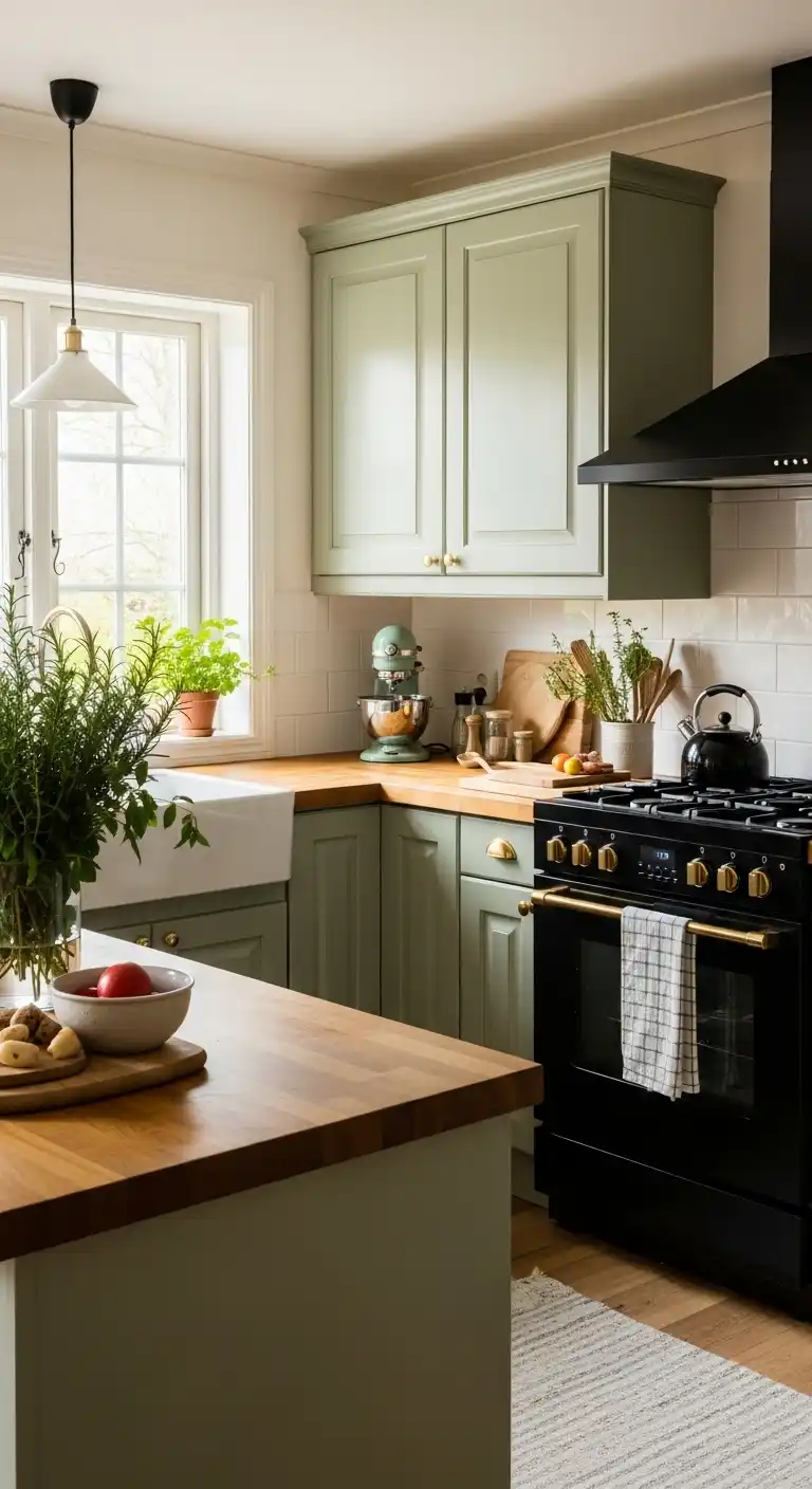 Kitchen Cabinet Color Ideas with Black Appliances: 20 Trendy Picks 6 5. Sage Green Cabinets