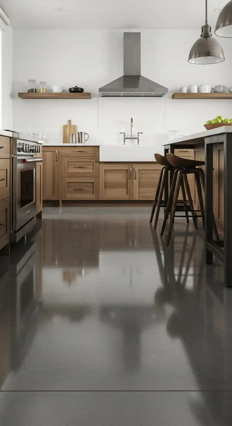 22 Stylish Grey Kitchen Flooring Ideas for a Sophisticated Look 7 6. Polished Concrete in Cool Grey