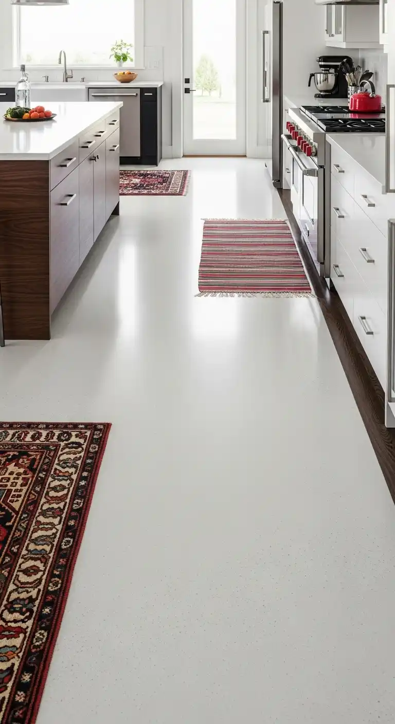 21 White Gloss Kitchen Flooring Ideas for a Bright and Modern Space 7 6. White Gloss Concrete for Industrial Chic