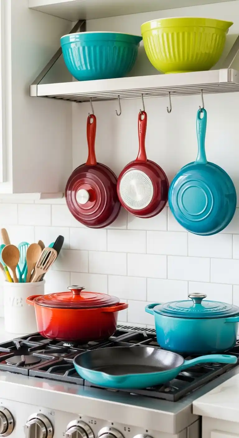 From Dull to Delightful: 19 Easy Ways to Add Color to Kitchen 8 7. Display Vibrant Cookware