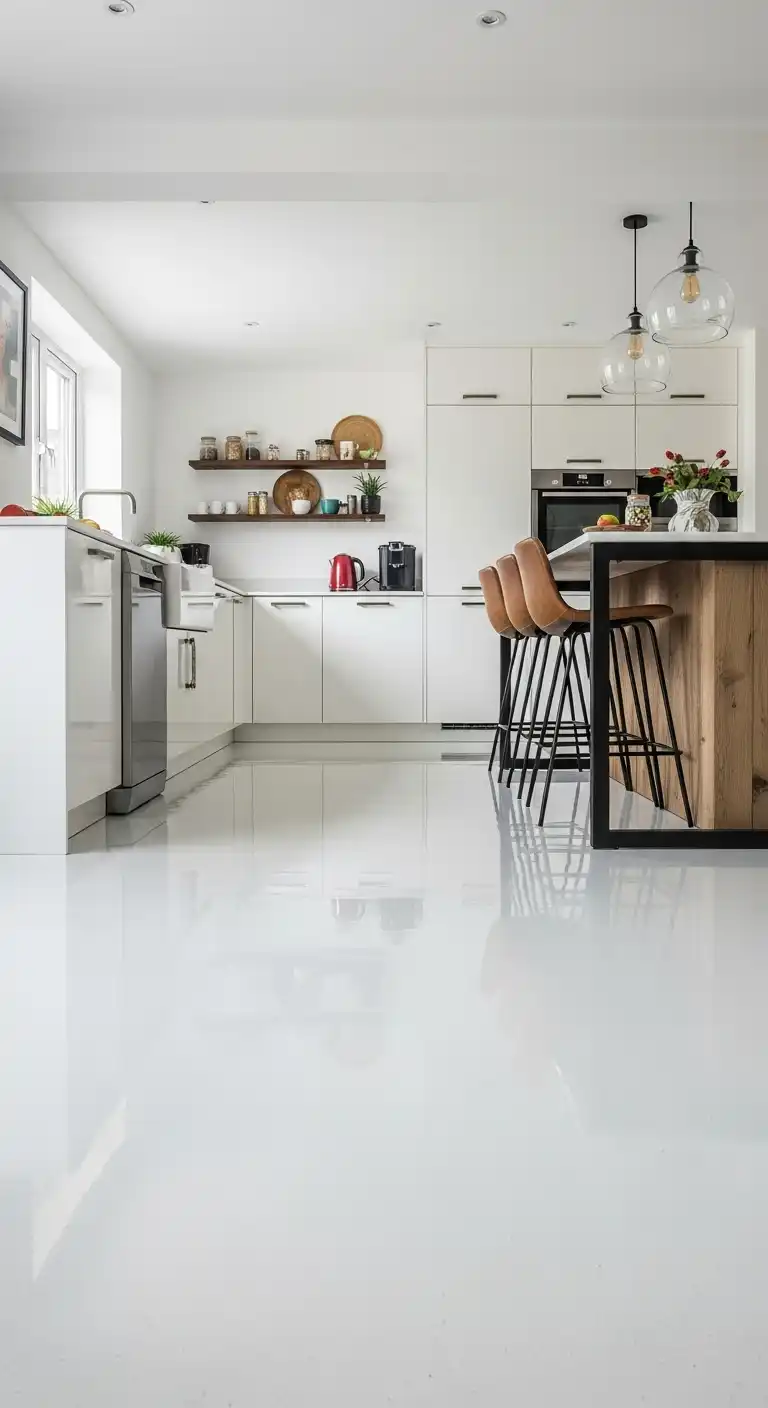 21 White Gloss Kitchen Flooring Ideas for a Bright and Modern Space 8 7. Glossy White Epoxy for Seamless Modernity