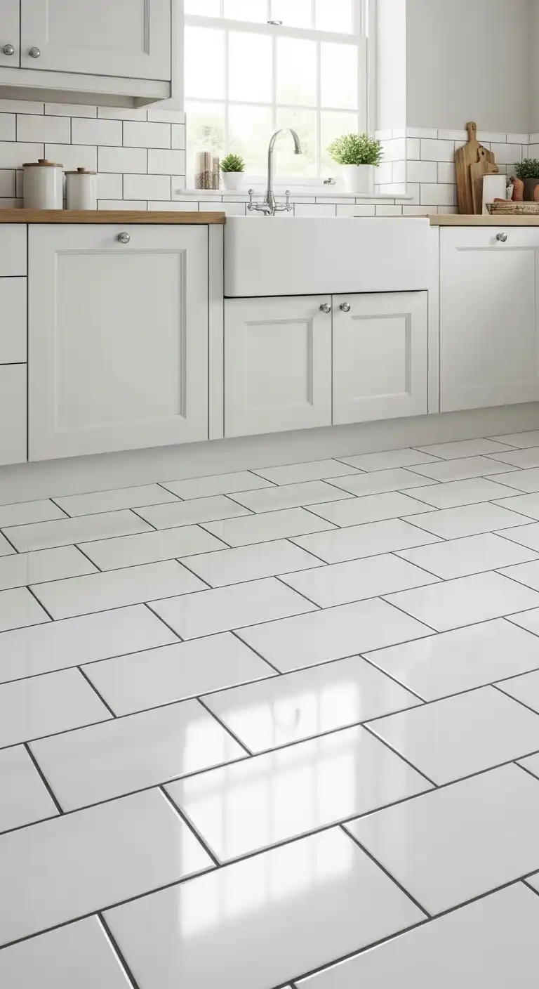 21 White Gloss Kitchen Flooring Ideas for a Bright and Modern Space 9 8. White Gloss Subway Tiles for Timeless Charm