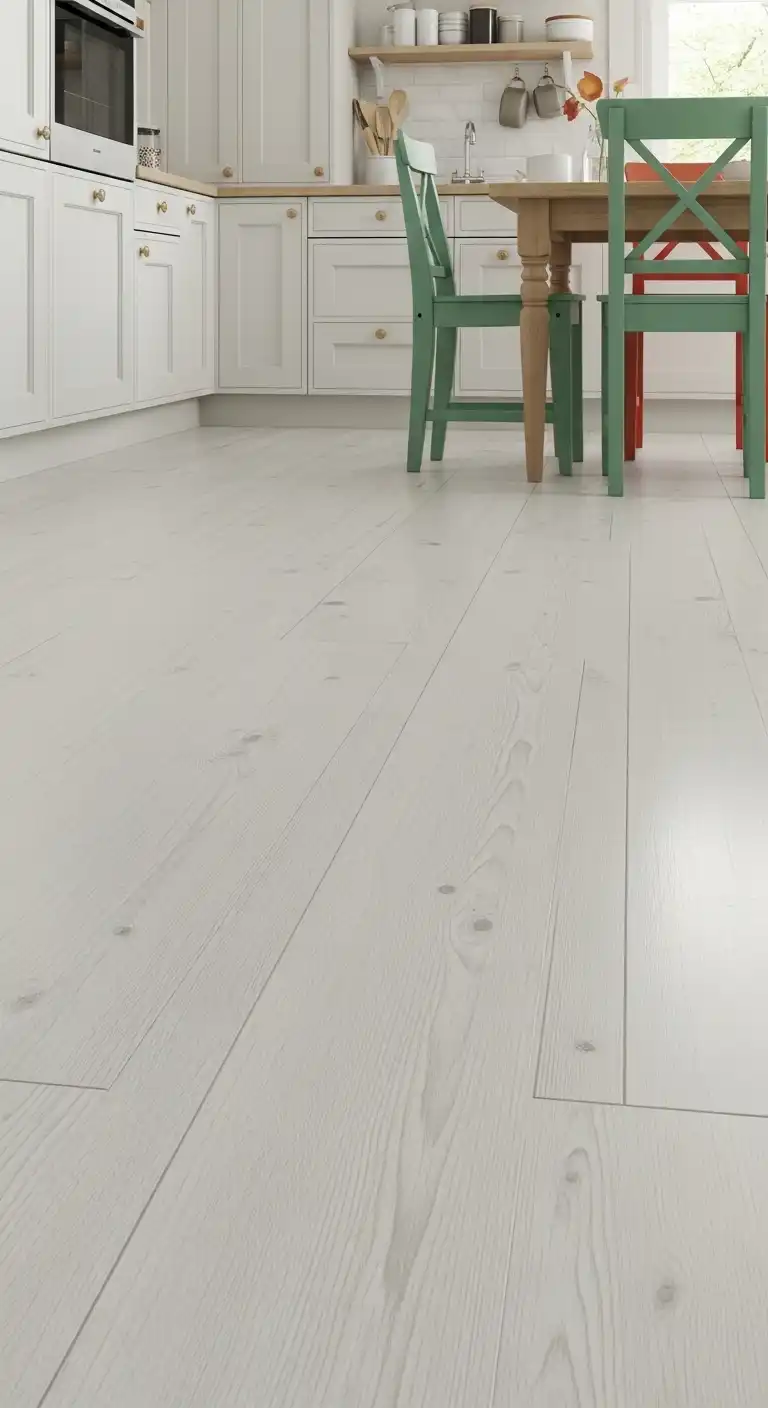 21 White Gloss Kitchen Flooring Ideas for a Bright and Modern Space 10 9. High Gloss White Wood for a Modern Twist