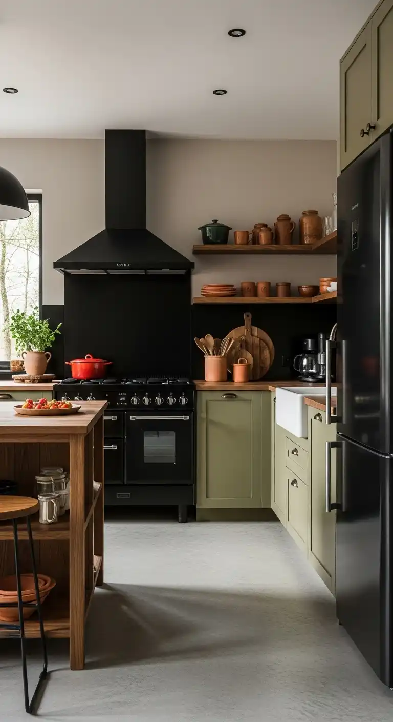Kitchen Cabinet Color Ideas with Black Appliances: 20 Trendy Picks 10 9. Olive Green Cabinets