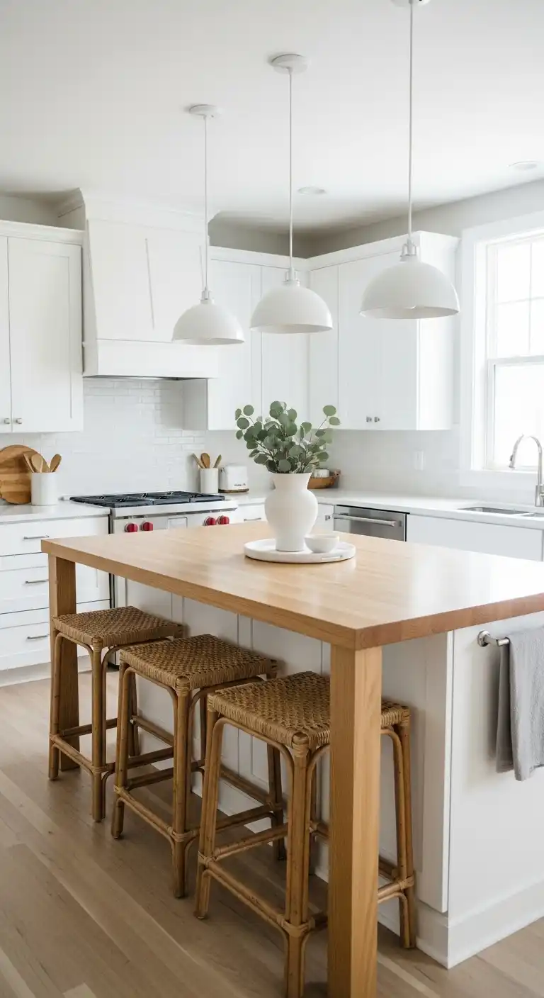 A Scandinavian-style kitchen with white cabinets and walls