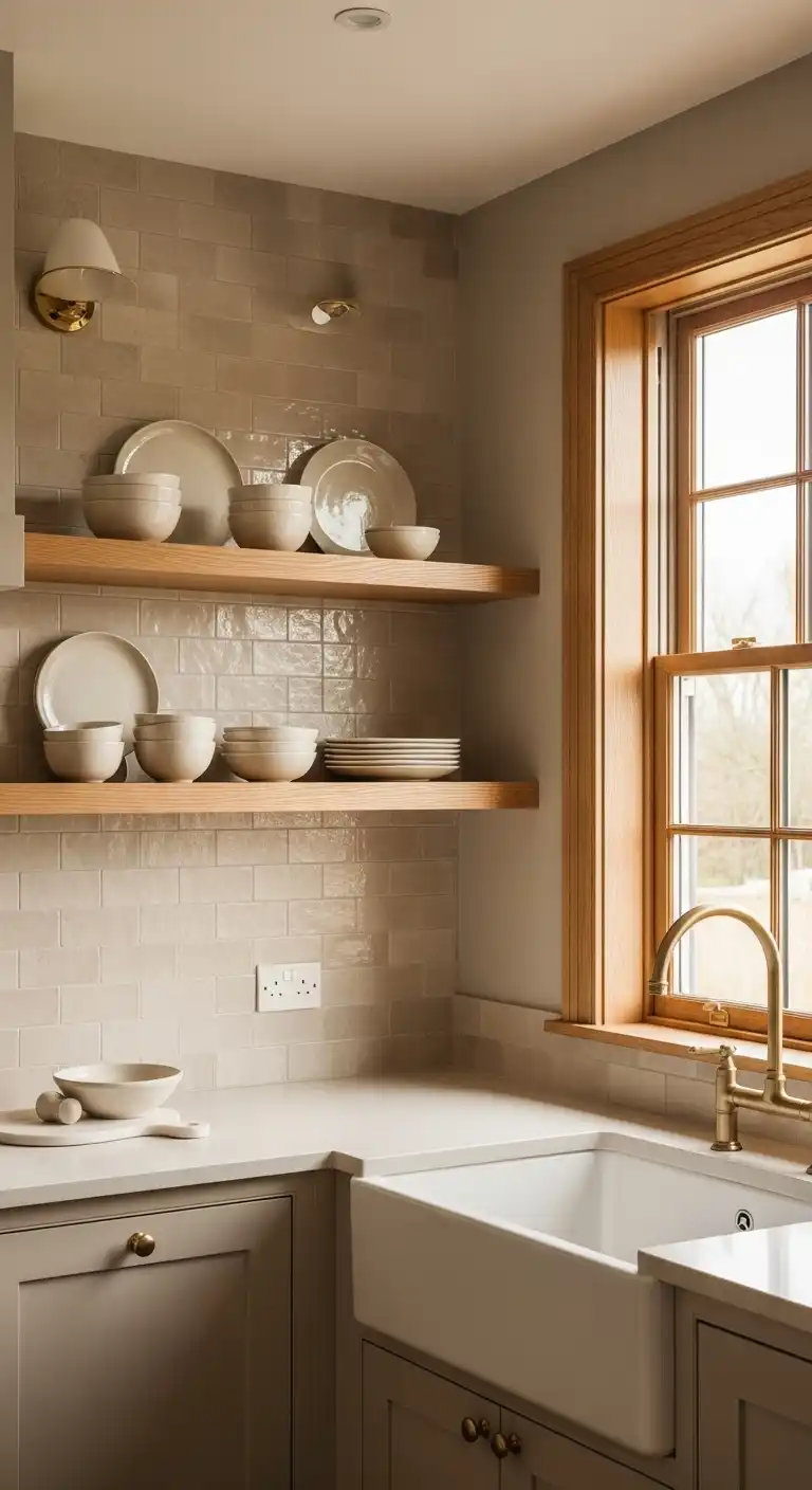 A beige-toned kitchen styled with layered neutrals beige subway tile backsplash