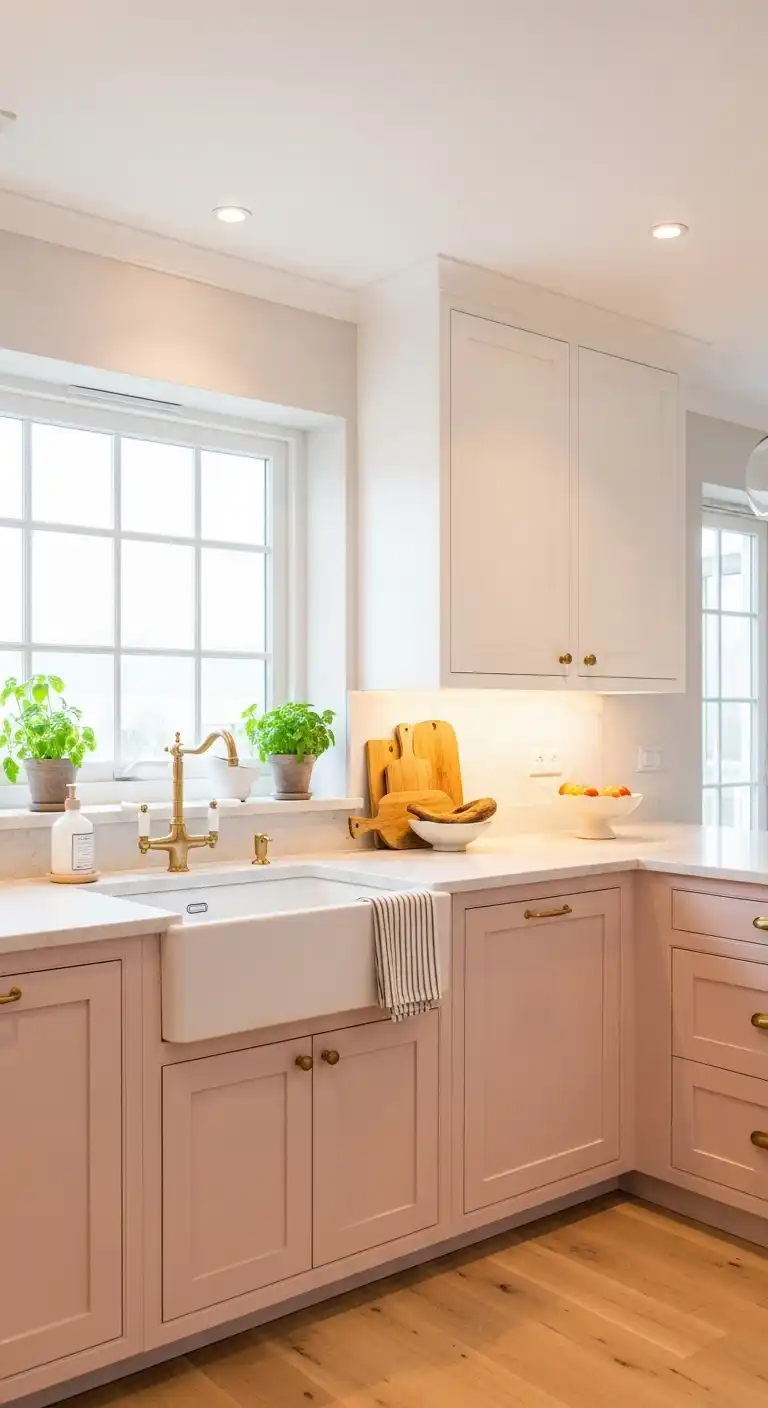A blush pink kitchen with flat-panel lower cabinets