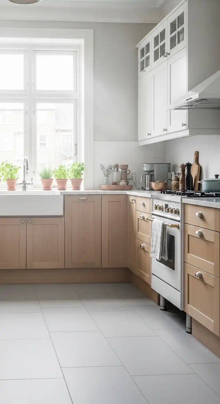 A bright and airy kitchen with pale gray vinyl tile flooring