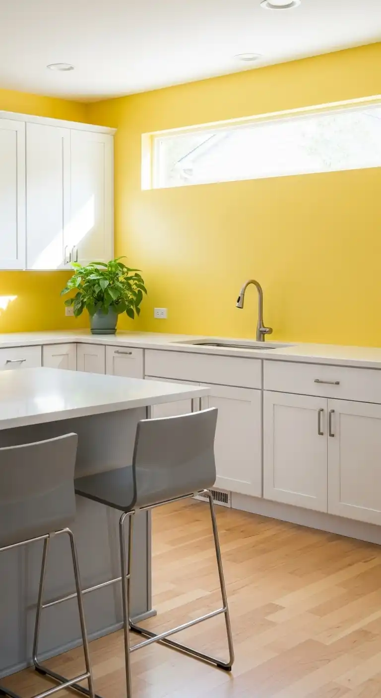 A bright kitchen featuring a sunny yellow accent wall