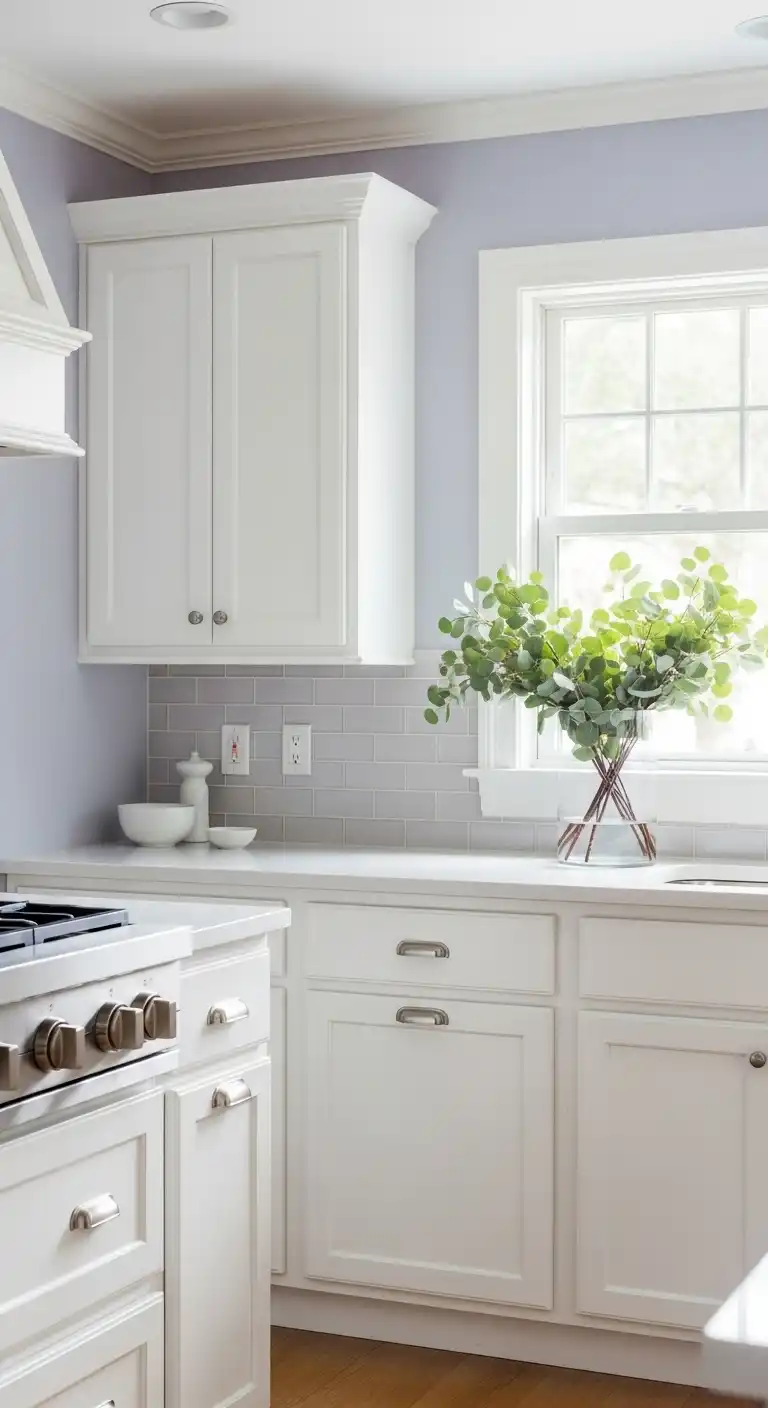 A charming kitchen with soft lavender walls