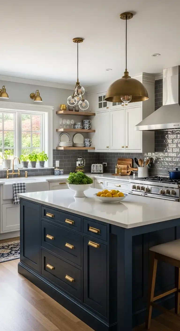 A chic kitchen featuring a bold navy blue island with gold hardware
