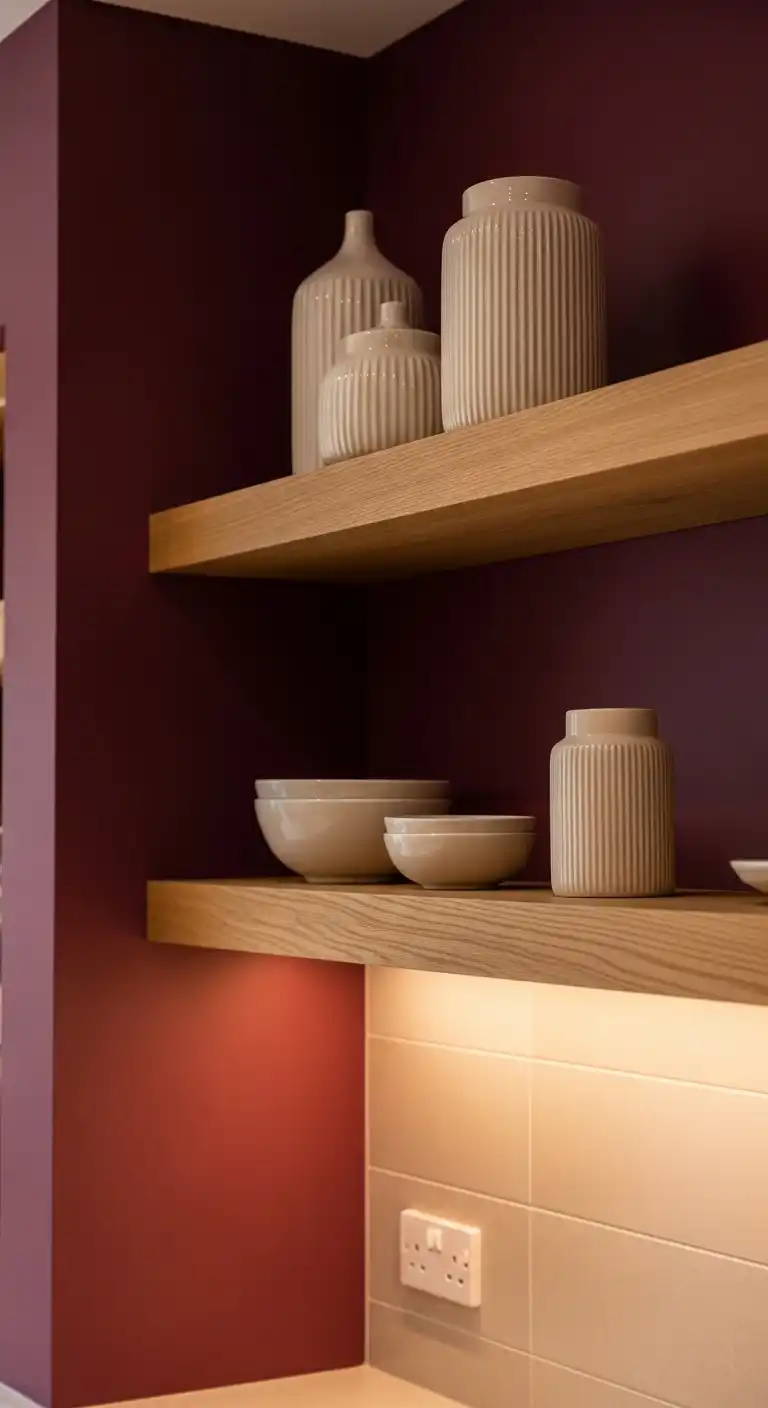 A close-up of a burgundy kitchen wall with floating wood shelves