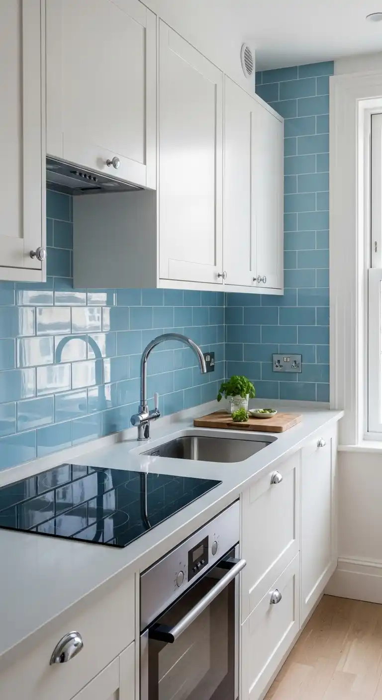A compact galley kitchen with a glossy sky blue subway tile backsplash