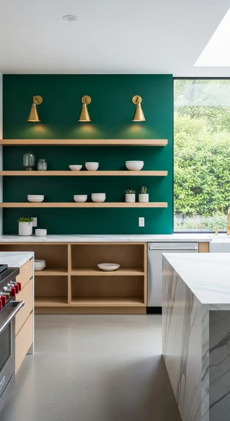 A contemporary kitchen with an emerald green accent wall