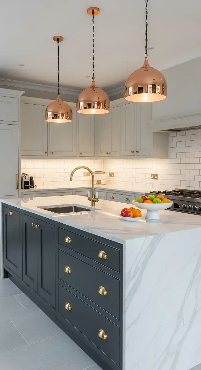 A contemporary kitchen with charcoal-painted lower cabinets