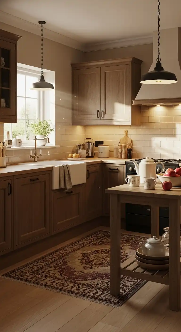 A cozy, beige-toned kitchen with rustic wooden cabinets