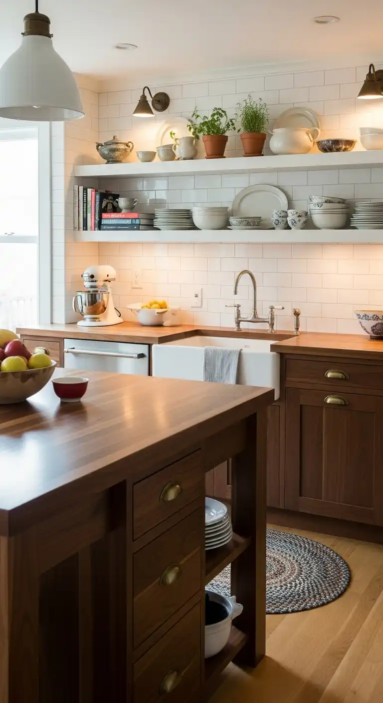 A cozy kitchen featuring a walnut wood island